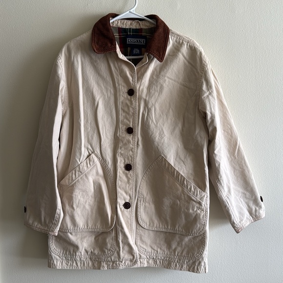 Lands' End Jackets & Blazers - Lands End Tan Canvas Chore Barn Coat with Corduroy Collar and Plaid Lining